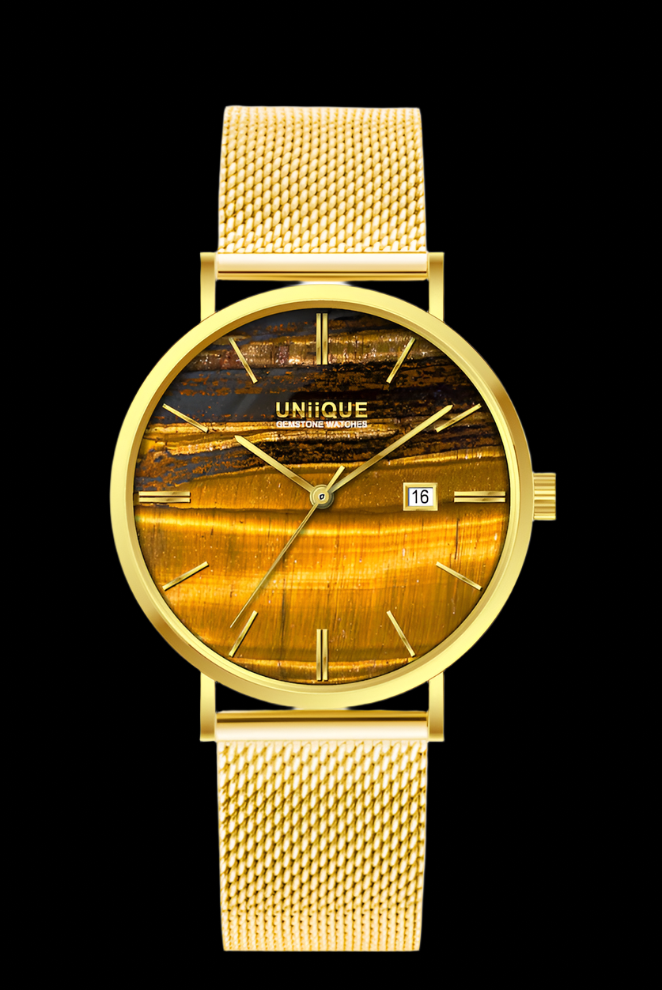 Tigers Eye Gemstone Watch with Gold stainless steel watchband