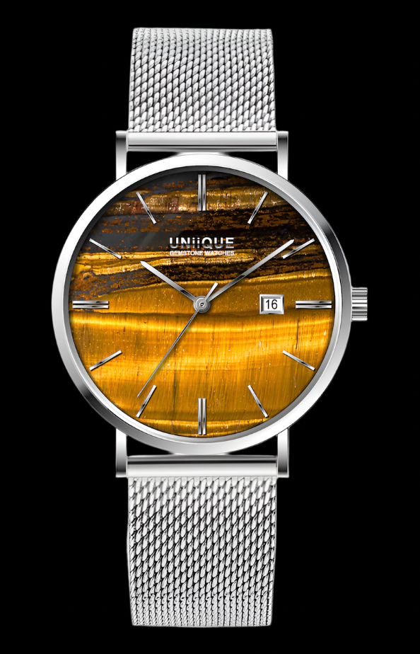 Tigers Eye Gemstone Watch with Silver stainless steel watchband