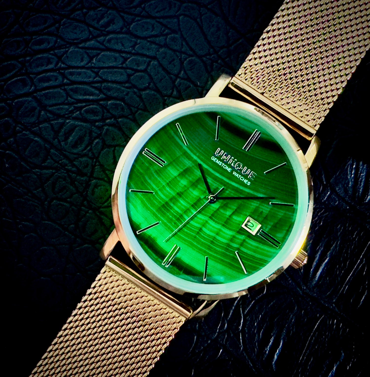 Malachite Gemstone Watch with GOLD Stainless steel watchband