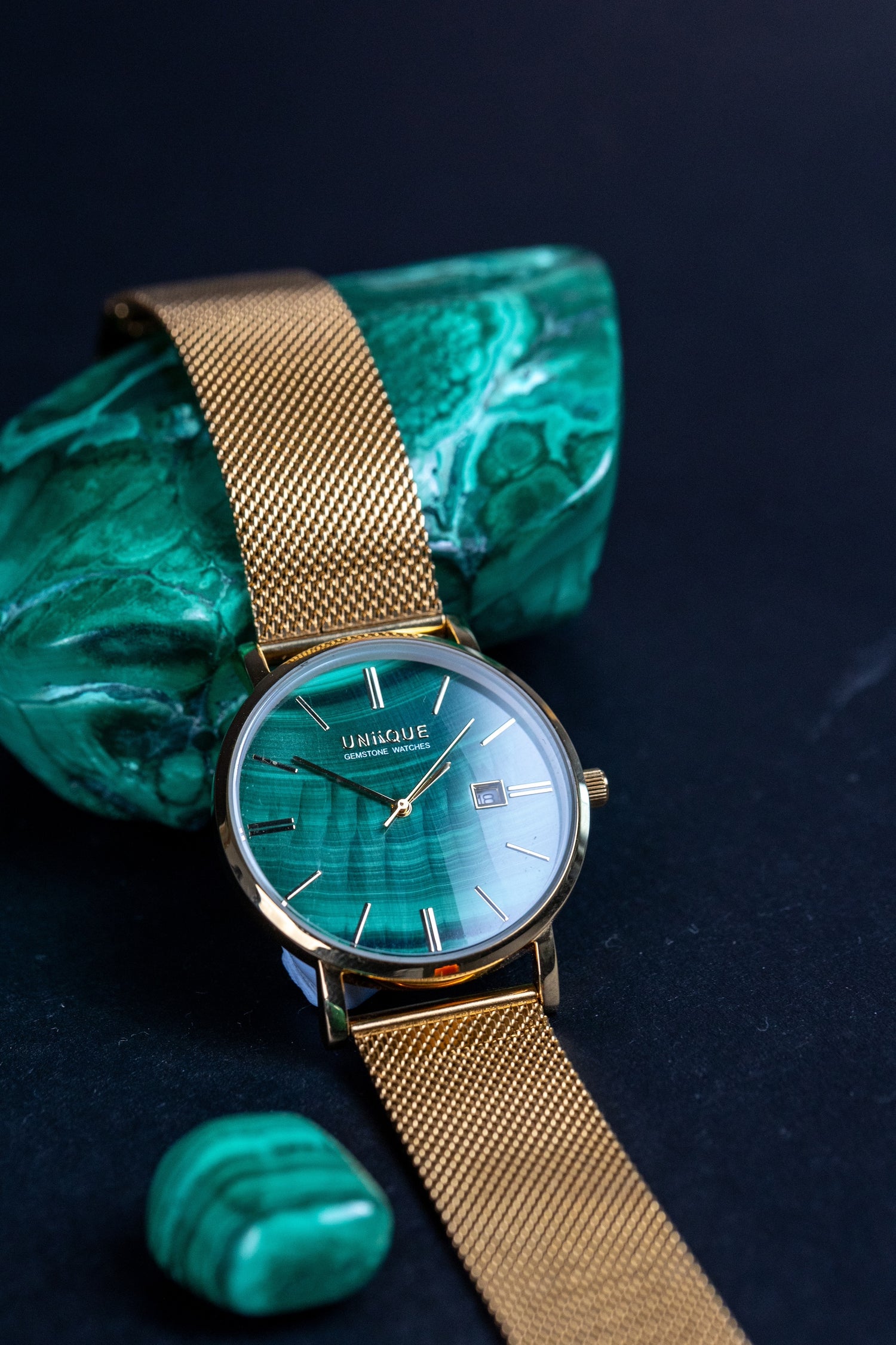 Malachite Gemstone Watch with GOLD Stainless steel watchband