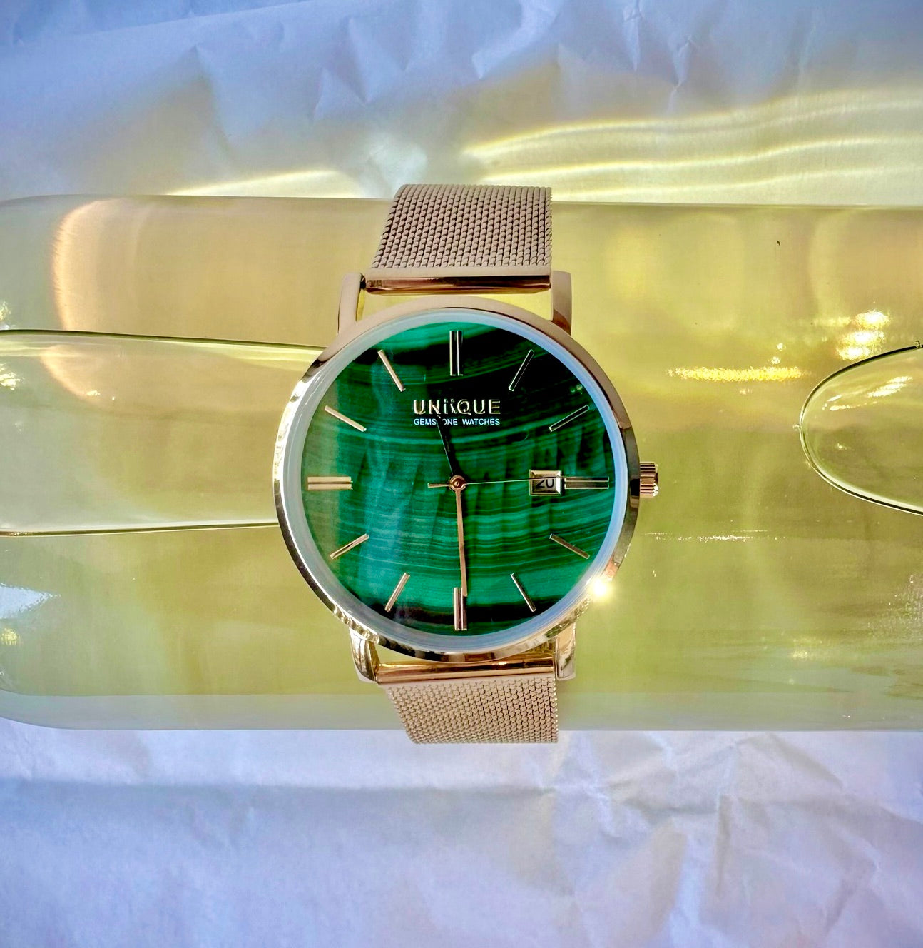 Malachite Gemstone Watch with GOLD Stainless steel watchband