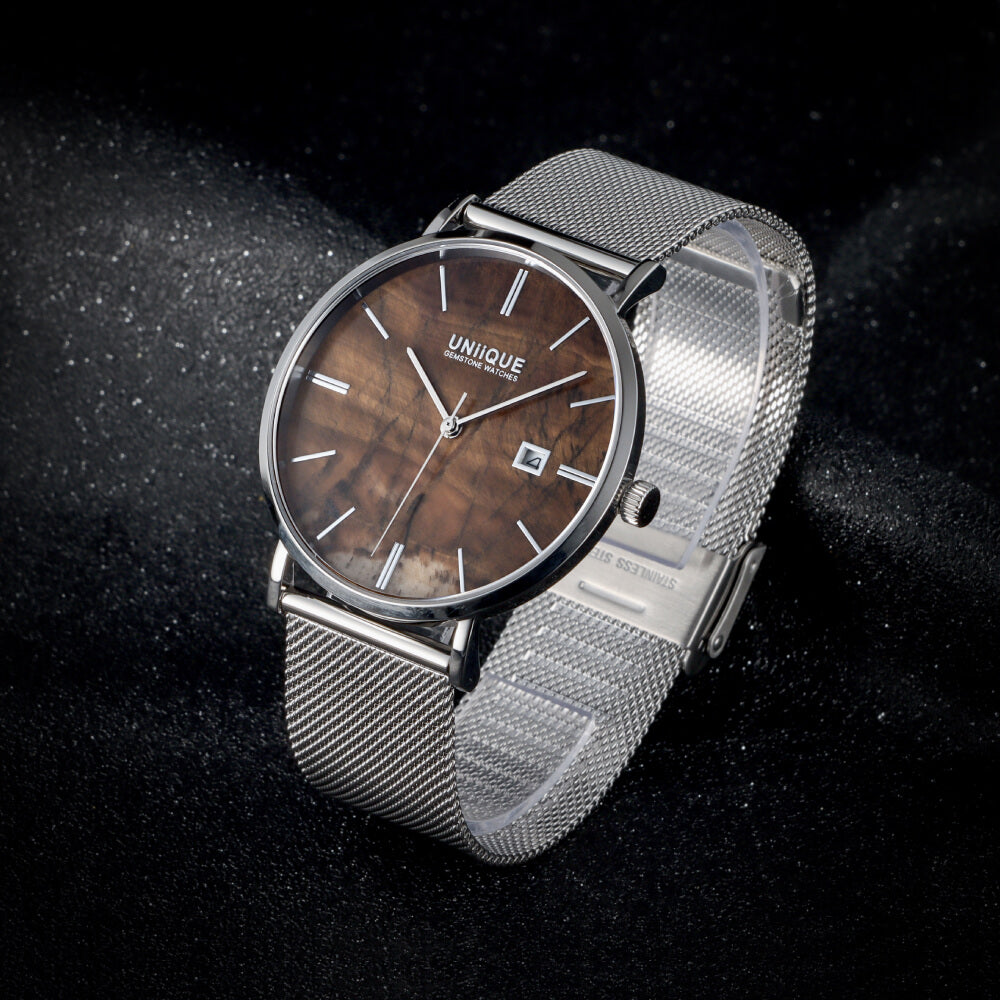 Tigers Eye Gemstone Watch with Silver stainless steel watchband