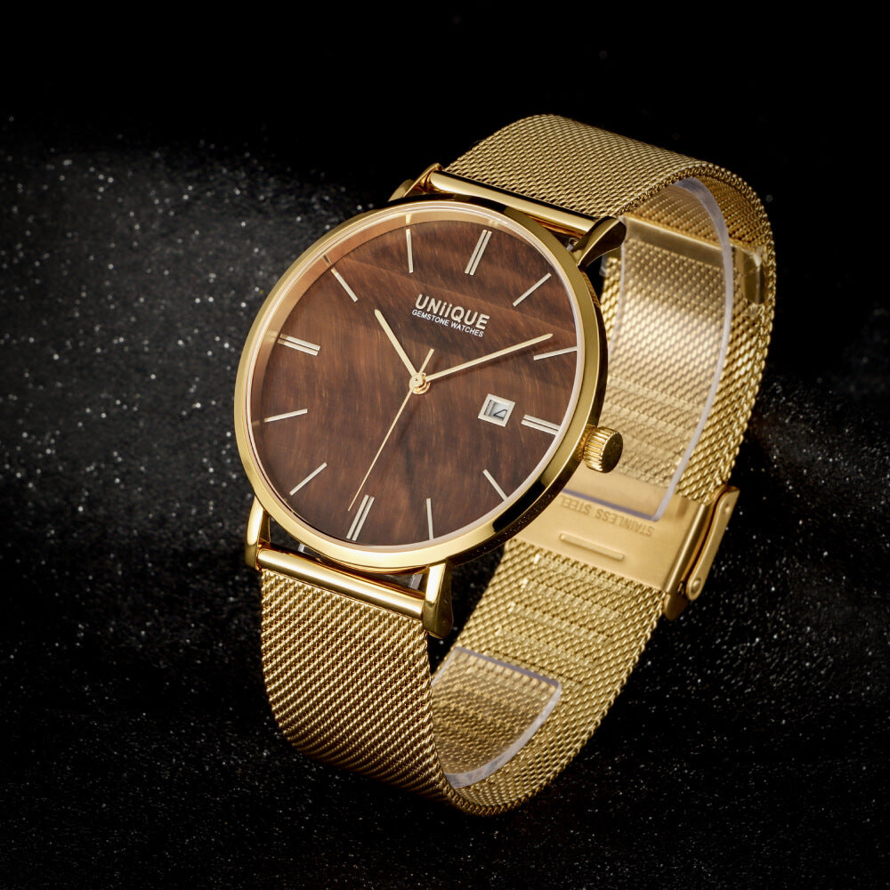 Tigers Eye Gemstone Watch with Gold stainless steel watchband