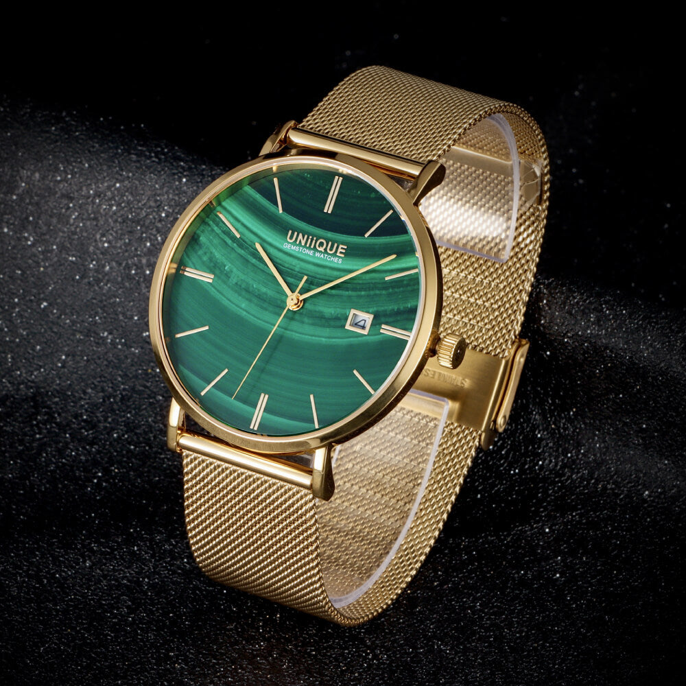 Malachite Gemstone Watch with GOLD Stainless steel watchband