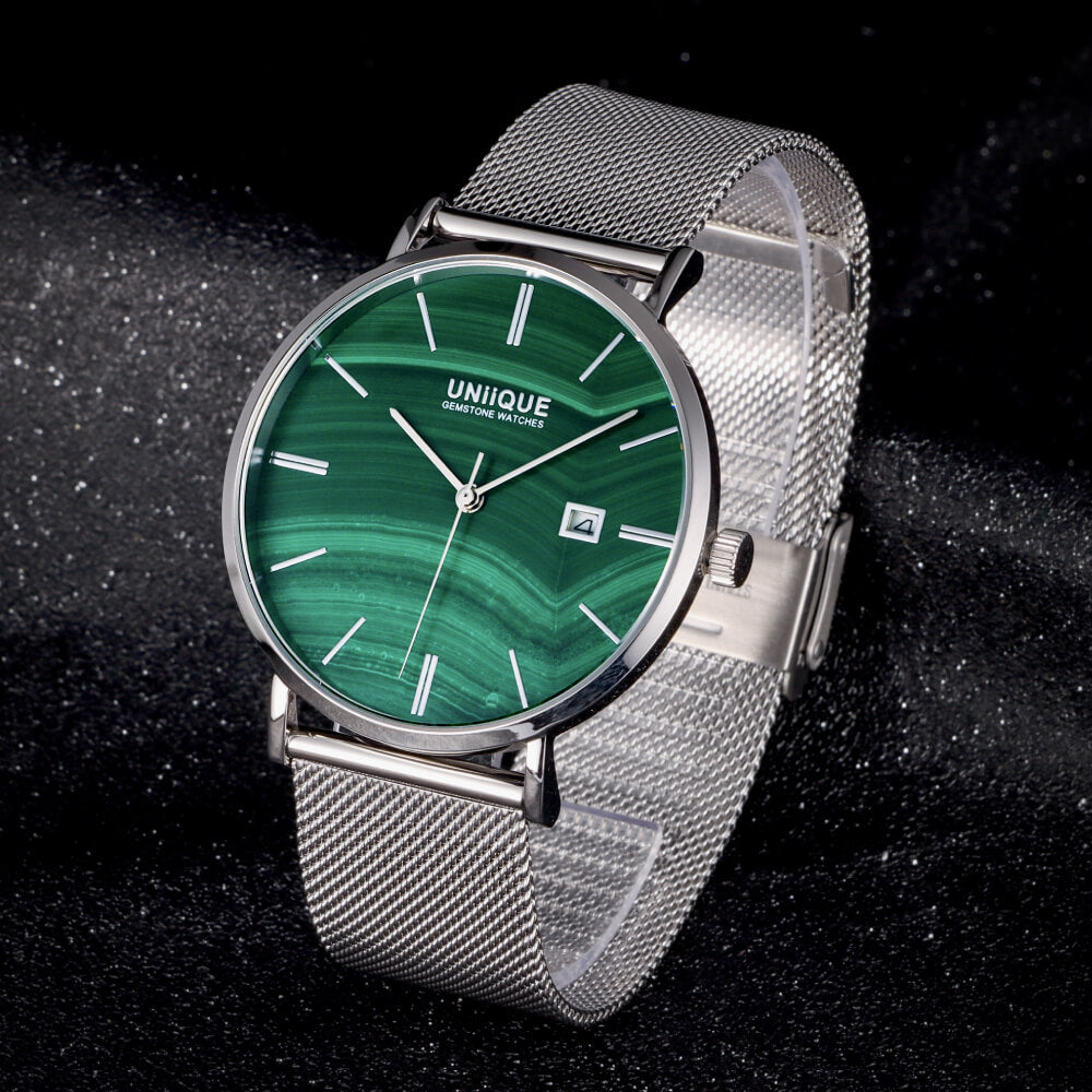 Malachite Gemstone Watch with Silver stainless steel watchband