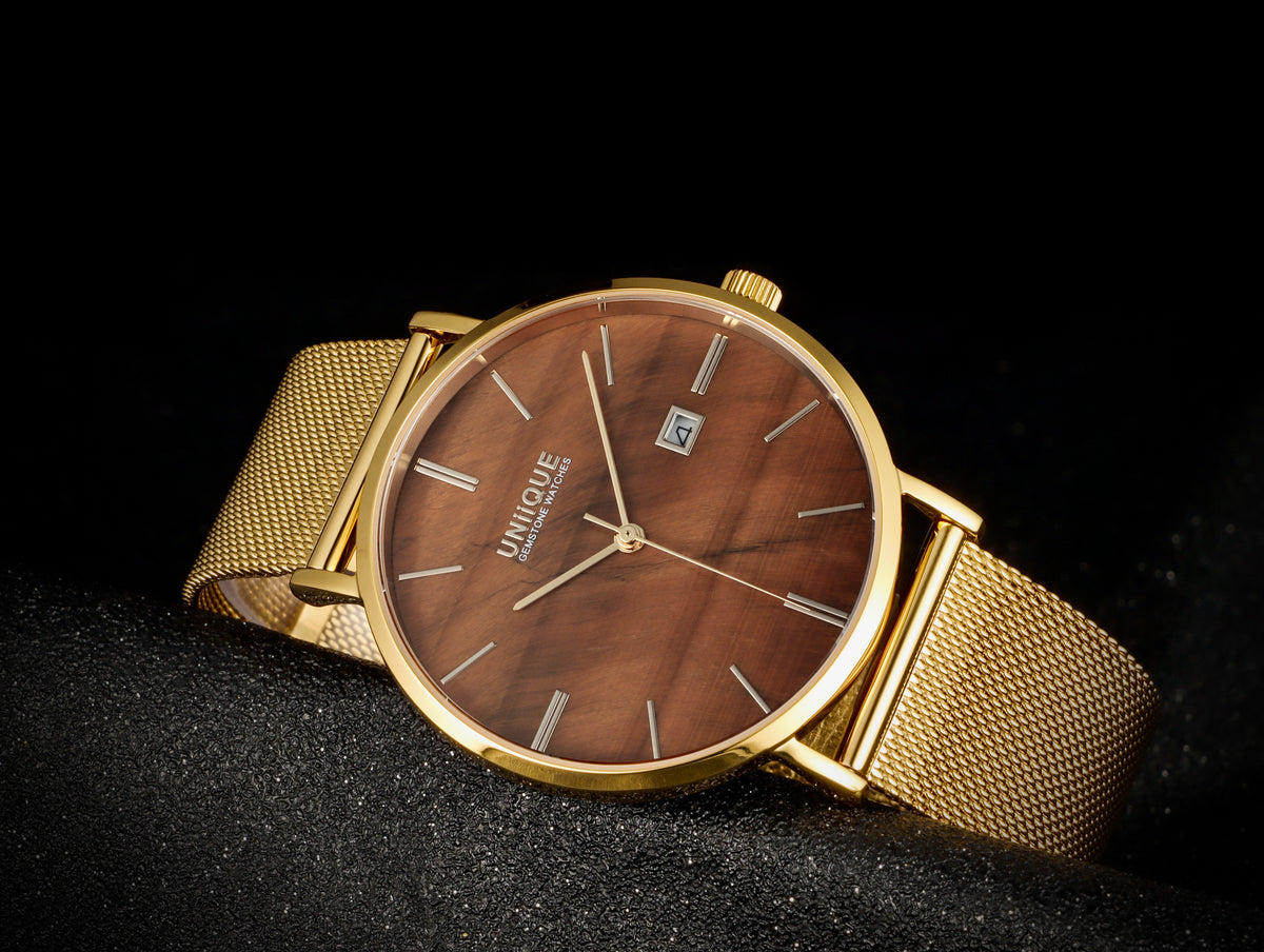 Tiger's Eye Gemstone Watch, gold stainless steel case and gold mesh band