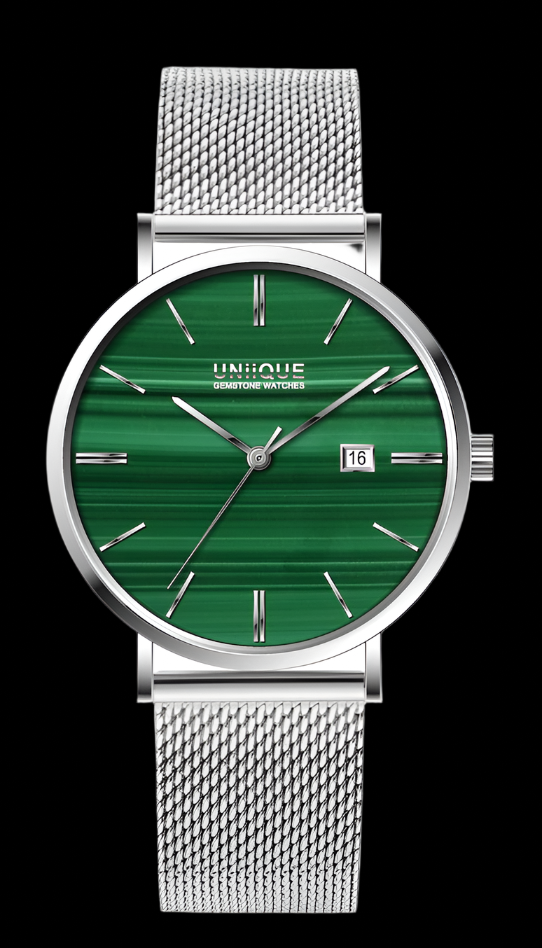 Malachite Gemstone Watch with Silver stainless steel watchband