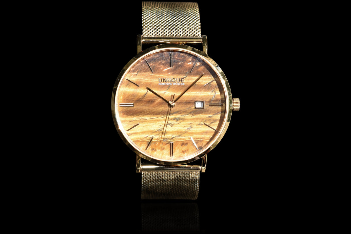Tiger's Eye Gemstone Watch, gold stainless steel case and mesh band