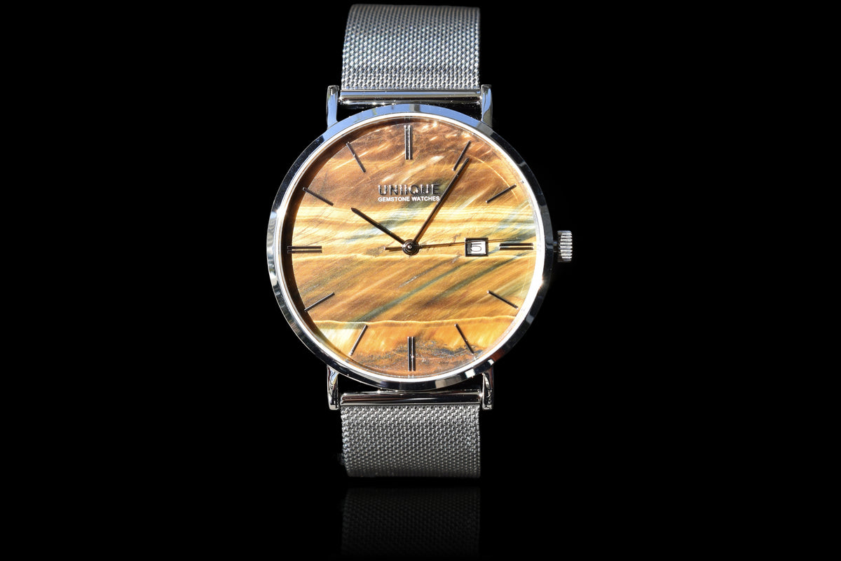 Tiger's Eye Gemstone Watch, silver stainless steel case and mesh band