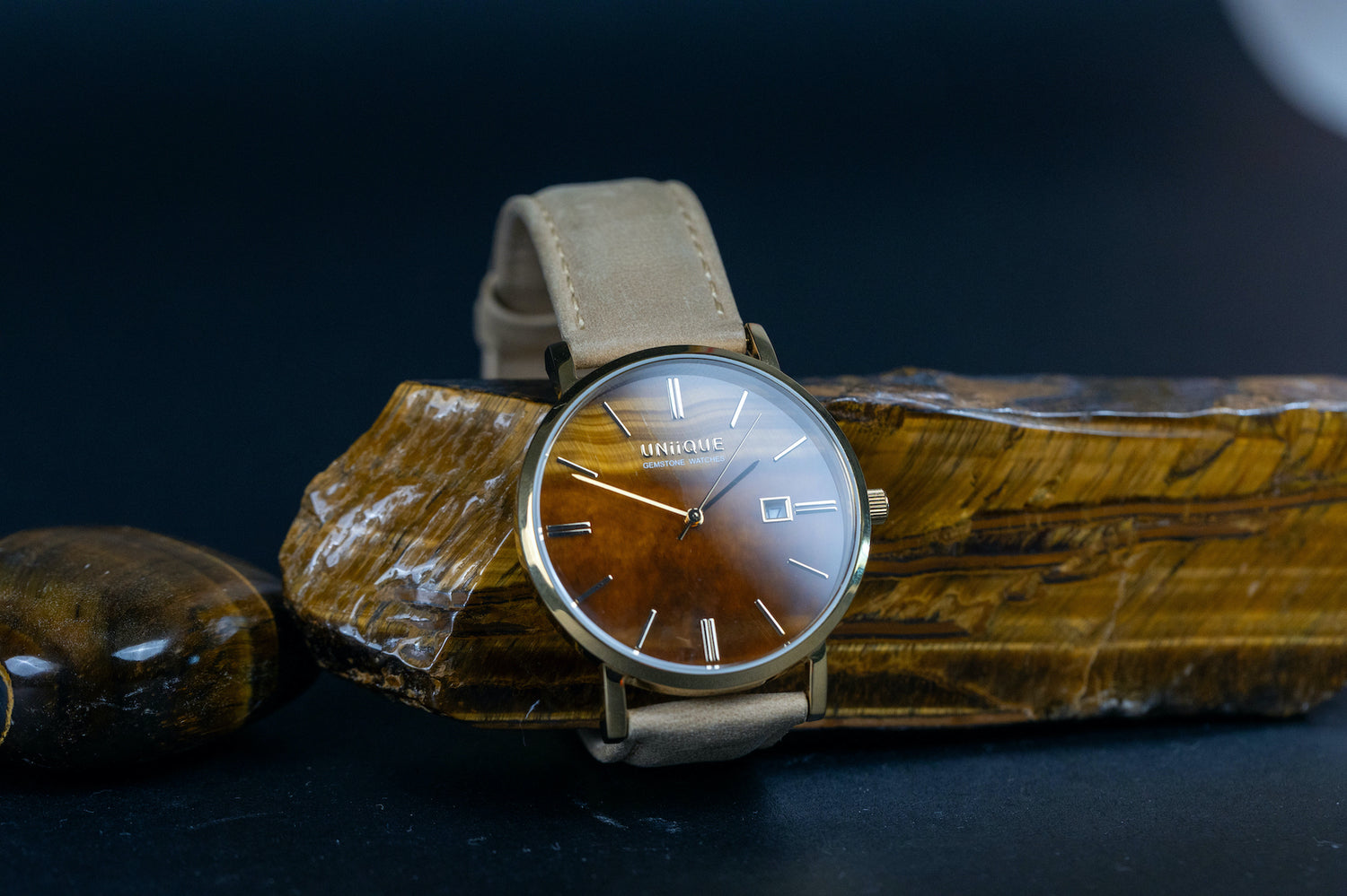 Tigers Eye Gemstone Watch with Champagne Leather Watchband