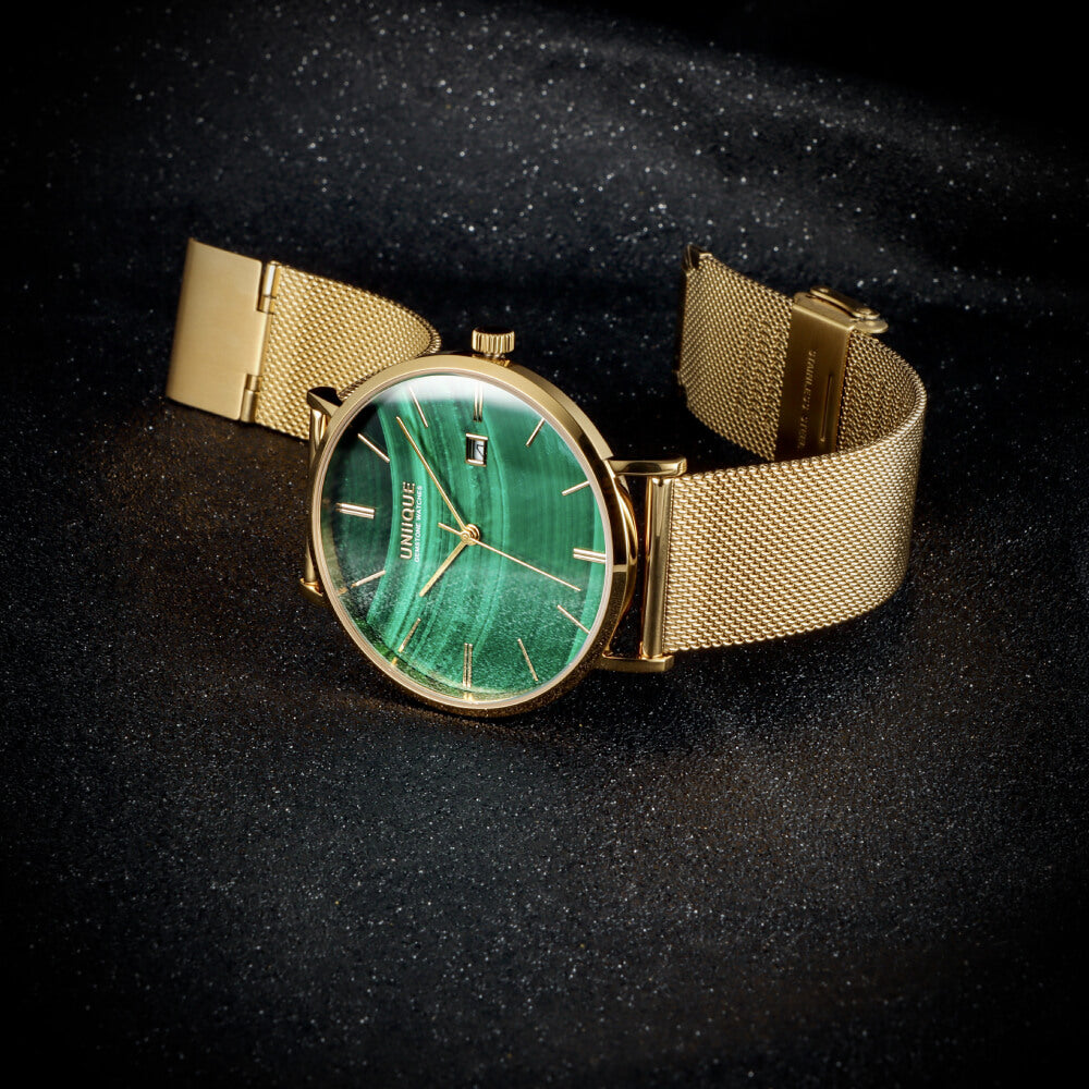 Malachite Gemstone Watch with GOLD Stainless steel watchband