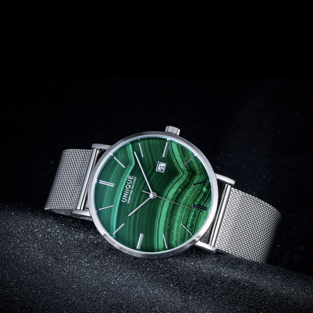 Malachite Gemstone Watch with Silver stainless steel watchband