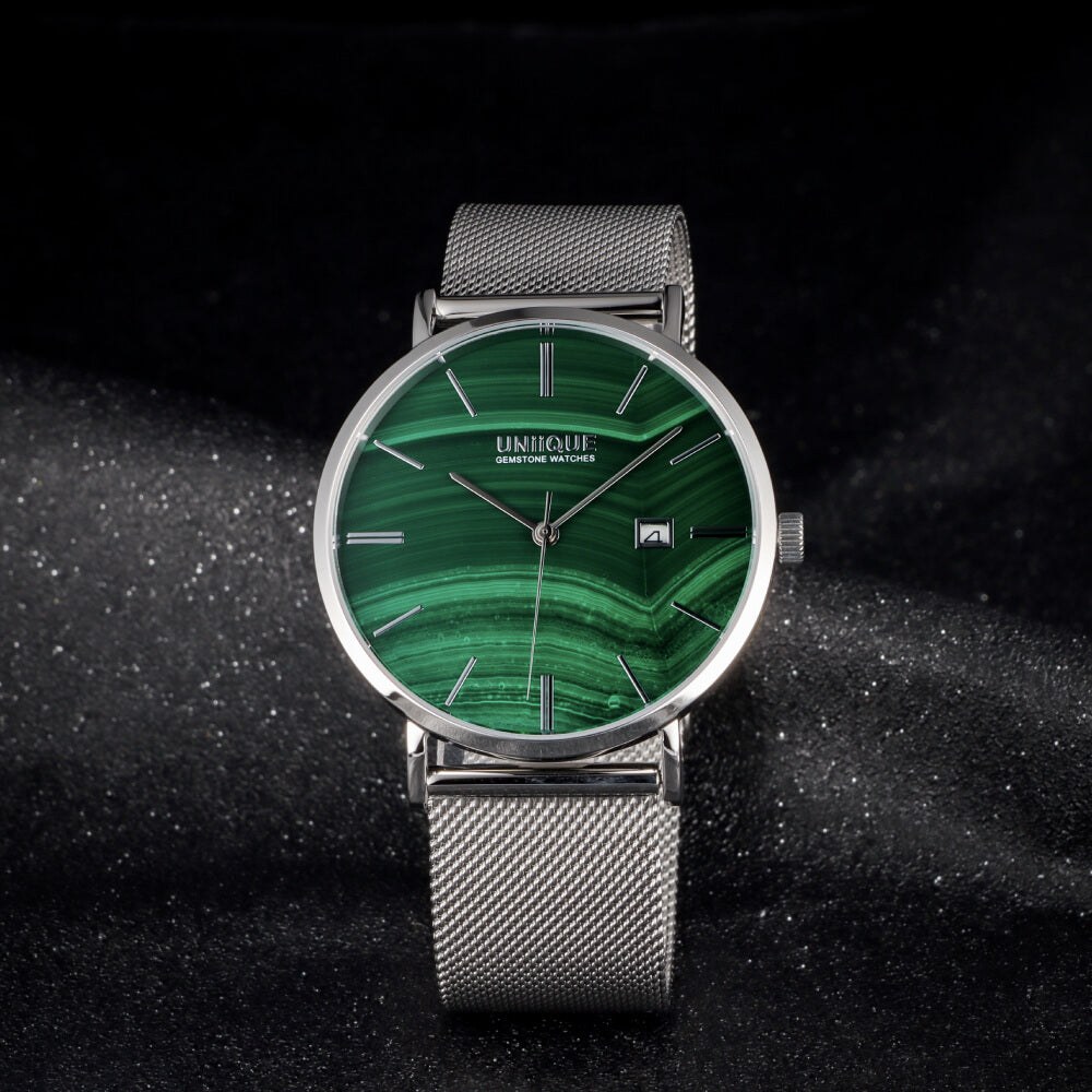 Malachite Gemstone Watch with Silver stainless steel watchband