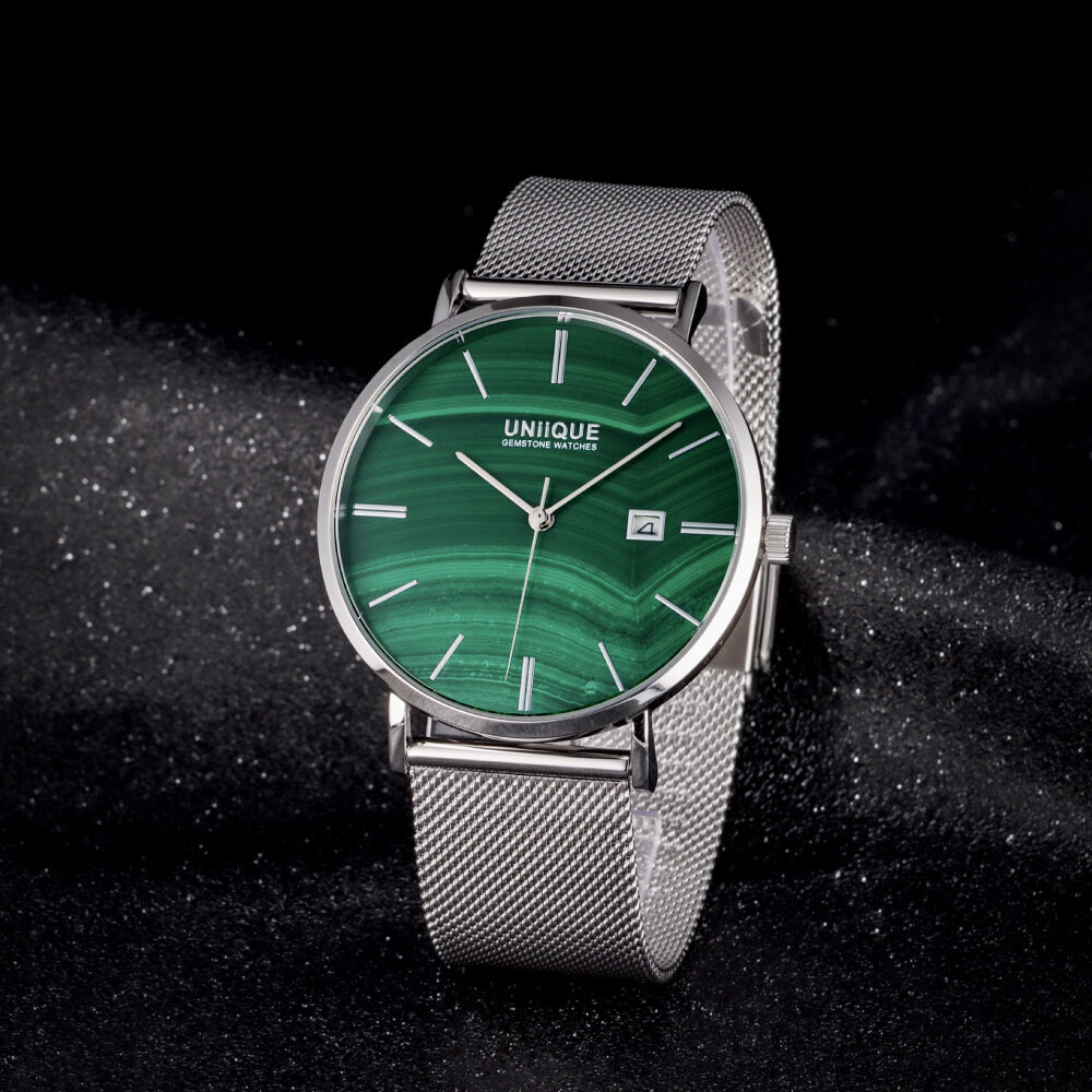 Malachite Gemstone Watch with Silver stainless steel watchband