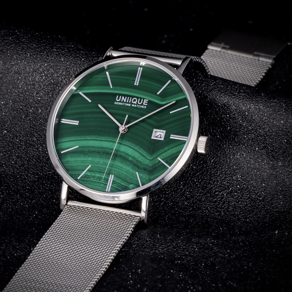 Malachite Gemstone Watch with Silver stainless steel watchband