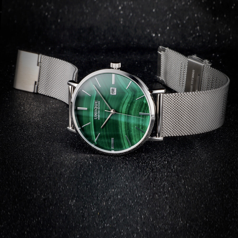 Malachite Gemstone Watch with Silver stainless steel watchband