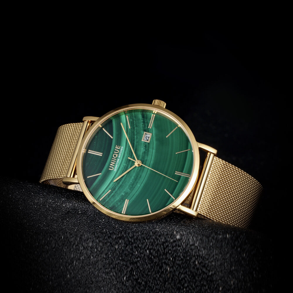 Malachite Gemstone Watch with GOLD Stainless steel watchband