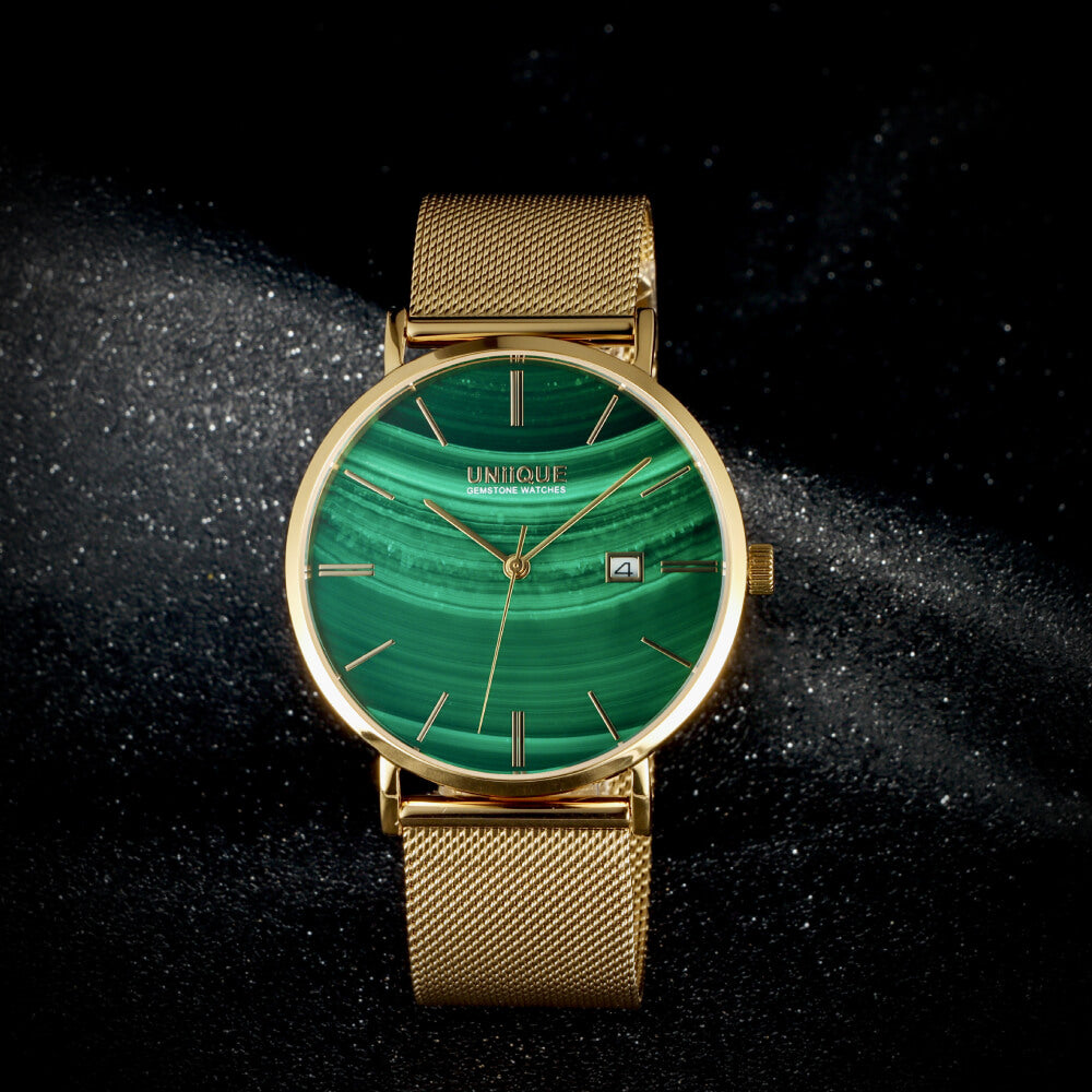 Malachite Gemstone Watch with GOLD Stainless steel watchband