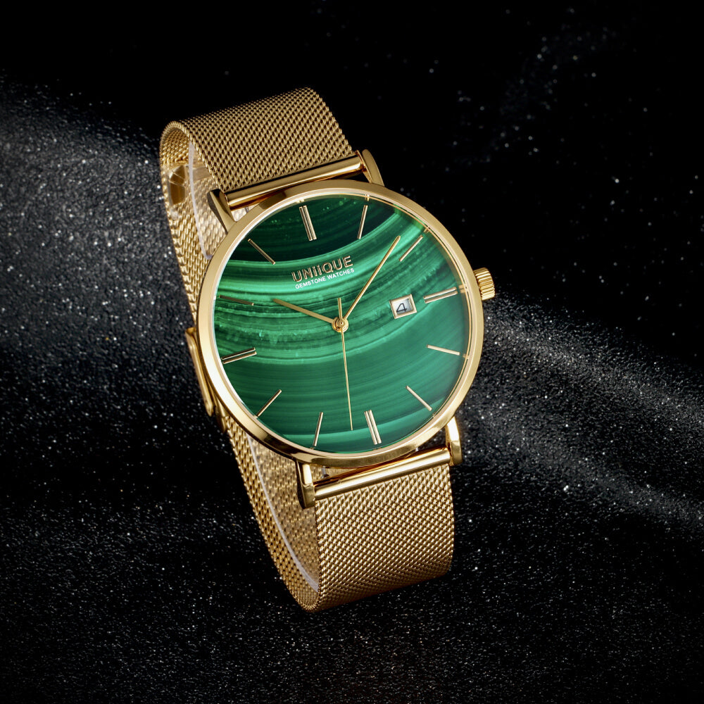 Malachite Gemstone Watch with GOLD Stainless steel watchband