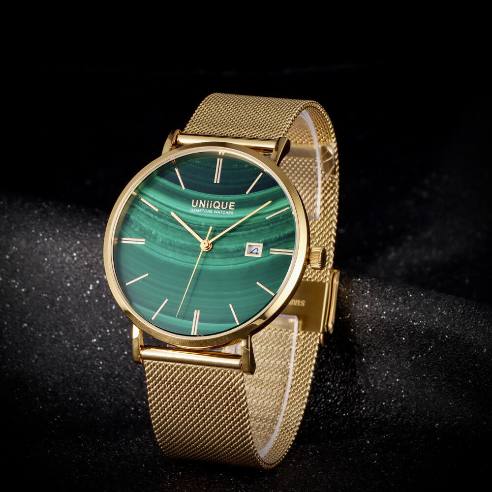 Malachite Gemstone Watch with GOLD Stainless steel watchband