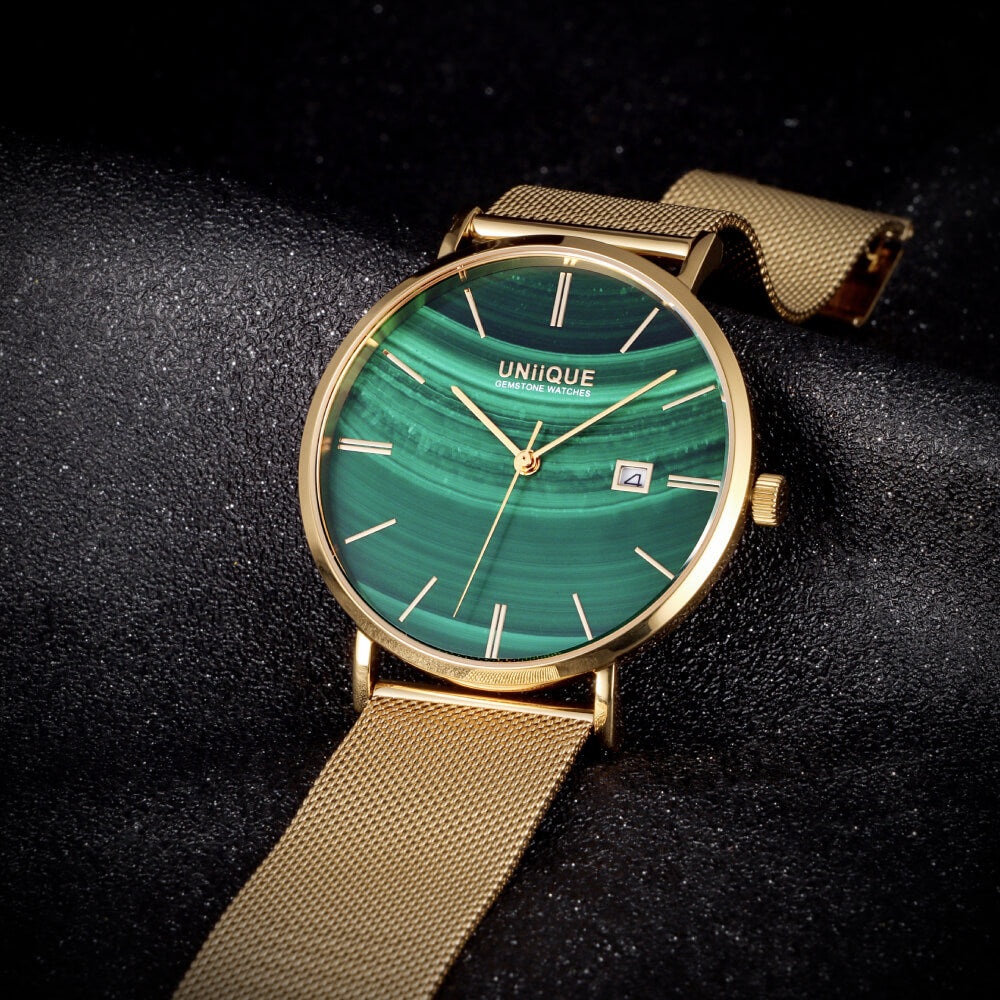 Malachite Gemstone Watch with GOLD Stainless steel watchband