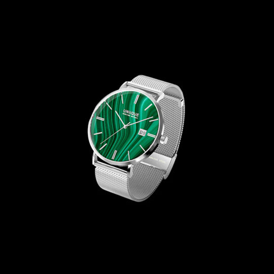 Malachite Gemstone Watch with Silver stainless steel watchband